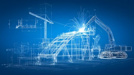 A digital depicting the intricate blueprint style design of a steel frame structure with dynamic welding sparks and flashes of light showcasing the industrial engineering and fabrication process