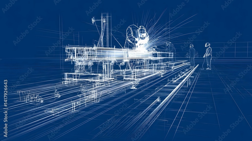 Aufkleber A dynamic abstract blueprint style rendering depicting the movement and energy of welding sparks cascading over a structural steel frame