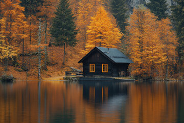 Fototapeta premium Cabin nestled on lake's edge, embraced by lush trees.
