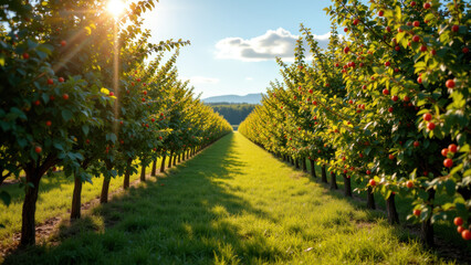 Naklejka premium Bountiful apple orchard under a sunny sky with clouds.