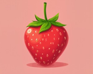 A cute anime-style illustration of a single, perfectly ripe strawberry with vibrant red color, tiny seeds, and a fresh green stem with leaves, isolated against a soft pink-red background. The style is