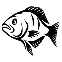 Stylized black and white fish with fins and scales illustration art