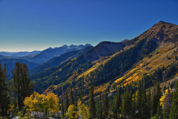 Box Elder Peak hiking views from trail, American Fork Canyon. Lone Peak, Mt Timpanogos, Wasatch Range Rocky Mountains, Utah, United States.