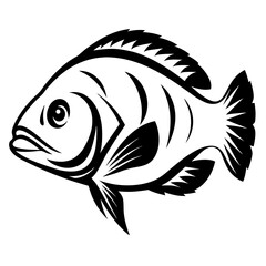 Stylized Black and White Fish Illustration with Detailed Fins and Gills
