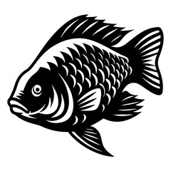 Striking black and white illustration of a fish with detailed scales and fins