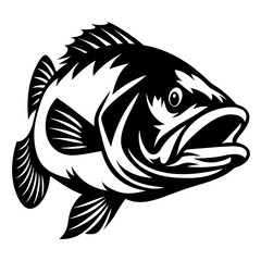 Stylized Largemouth Bass Fish Drawing in Black and White Isolated Artwork