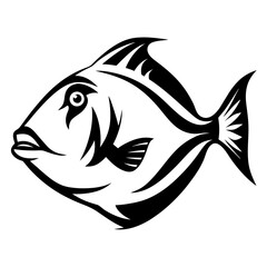 Stylized black and white illustration of a triggerfish with bold graphic elements