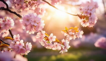 Obraz premium Beautiful wide format background image of cherry blossoms in the rays of the spring sun