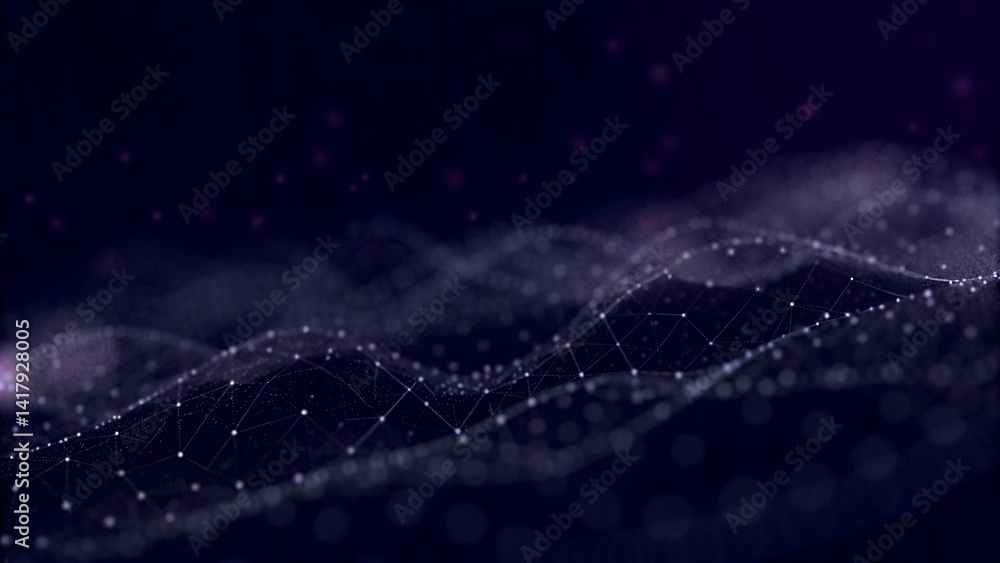 Fototapete Big data visualization. Abstract background with interweaving of dots. 3D rendering. Futuristic network structure, digital wave analysis, technology flow, complex mesh surface pattern.