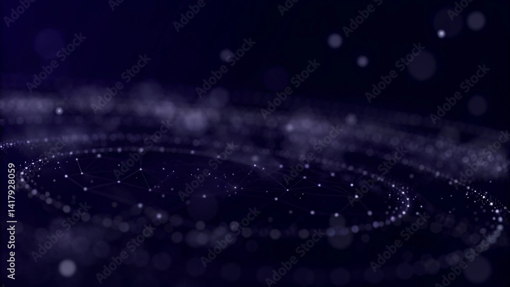 Fototapete Big data visualization. Abstract background with interweaving of dots. 3D rendering. Futuristic network structure, digital wave analysis, technology flow, complex mesh surface pattern.