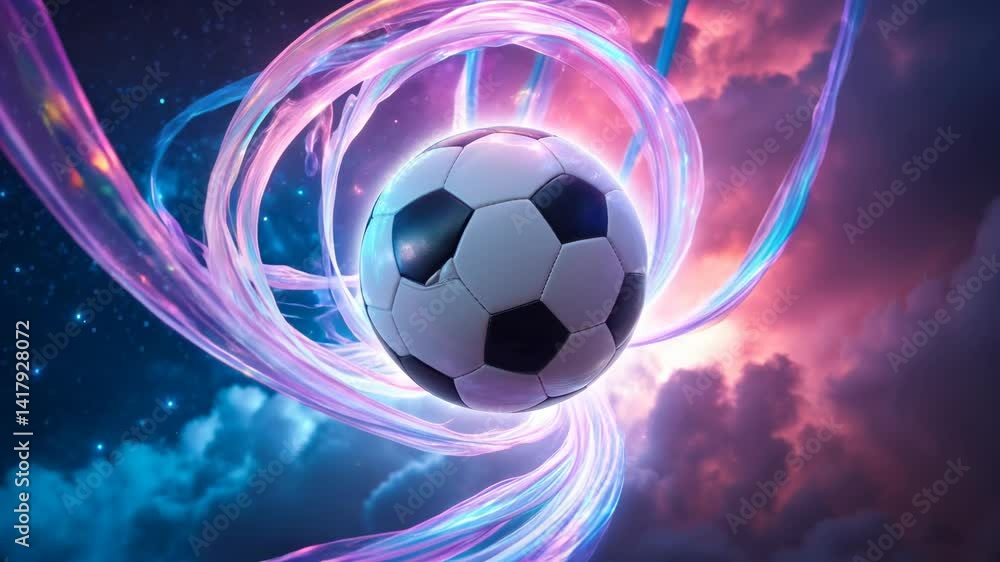 Poster a dynamic soccer ball set against a cosmic background filled with colorful light trails and misty cl