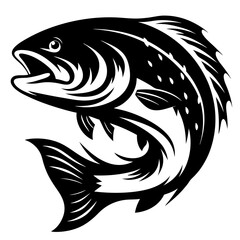 Dynamic black and white illustration of a leaping trout fish silhouette