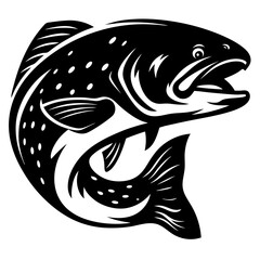 Elegant black and white depiction of a leaping spotted trout fish