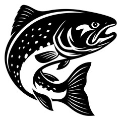 Black and white illustration of a trout jumping, design for fishing logo