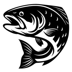 Black and White Illustration of a Leaping Trout Fish in Retro Style