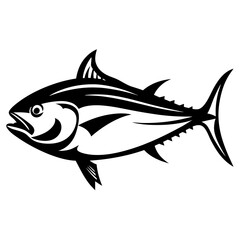 Striking black and white stylized tuna fish illustration with sharp fin details