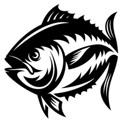 Stylized black and white illustration of a strong swimming fish in motion