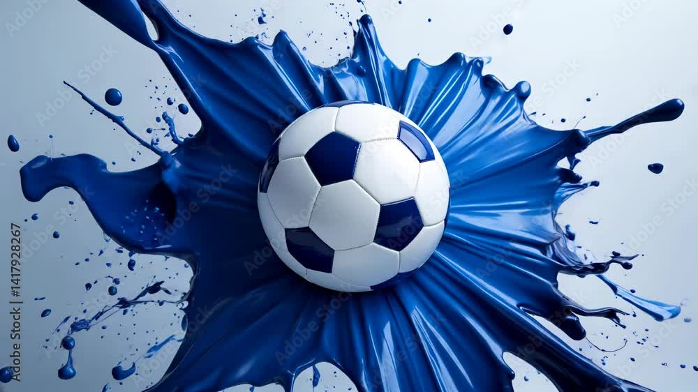 Poster a dynamic soccer ball splashing into vibrant blue paint, creating an explosion of color against a li