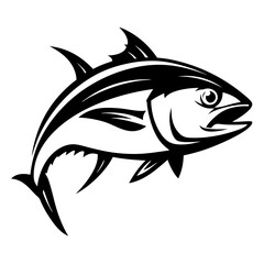 Dynamic black and white graphic illustration of a tuna fish swimming fast