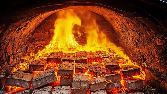 Stone oven, bricks baking in intense fire