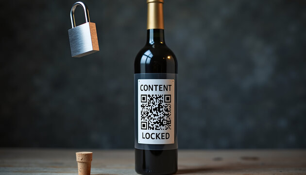 Locked Wine Bottle with QR Code and Padlock Against Dark Background  