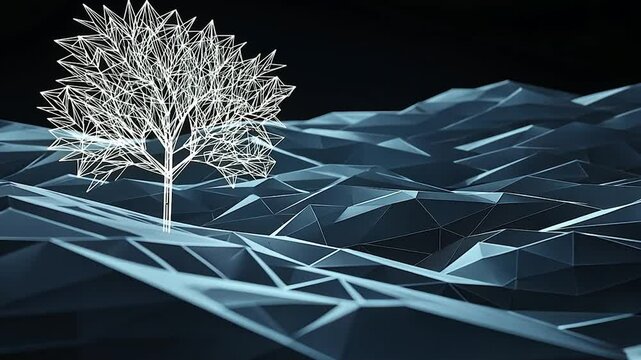 Abstract digital tree on a low-poly landscape