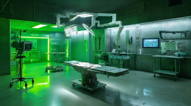 A high tech medical facility with a sterile futuristic operating room filled with state of the art equipment and an eerie green lighting system