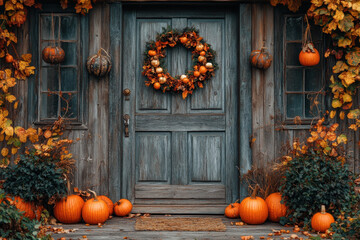 Obraz premium Wooden door adorned with pumpkins and autumn leaves.