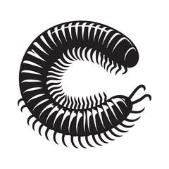 Curled Millipede silhouette, a defensive coil in black and white – Millipede illustration – Minimalist millipede vector – Insect silhouette

