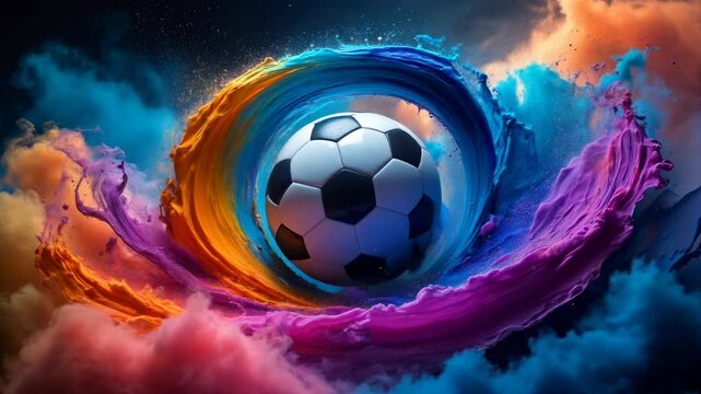 Dynamic soccer ball surrounded by vibrant swirling clouds of blue, orange, and purple, creating an energetic atmosphere.