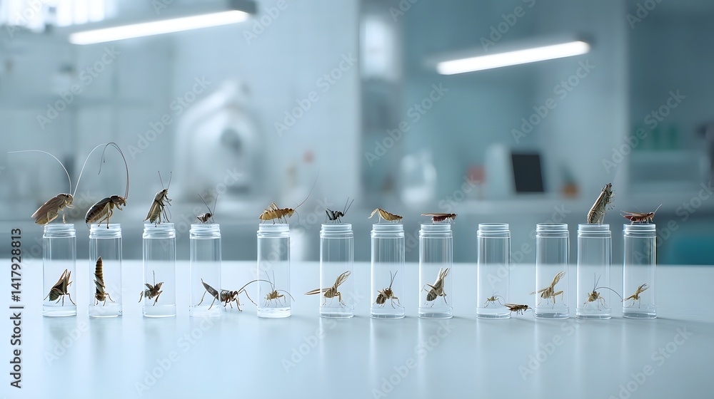 Poster A laboratory setting with various insect specimens undergoing scientific testing and analysis to assess their and suitability for commercial distribution as a sustainable food source