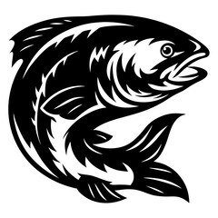 Stylized black and white image of a leaping salmon with detailed fins
