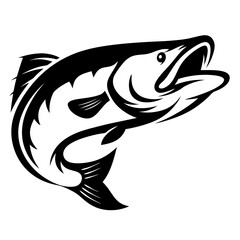 Detailed graphic illustration of a jumping fish in black and white style