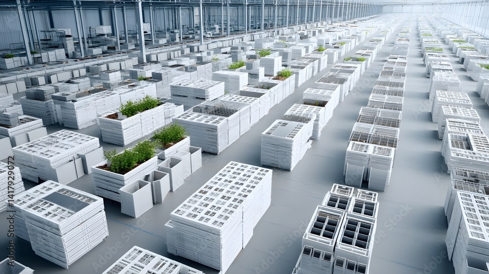 Poster a large scale futuristic industrial warehouse showcasing an efficient modular storage and production