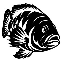 Black and white graphic illustration of a freshwater crappie fish swimming