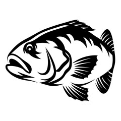Stylized black and white illustration of a fish with fins and tail