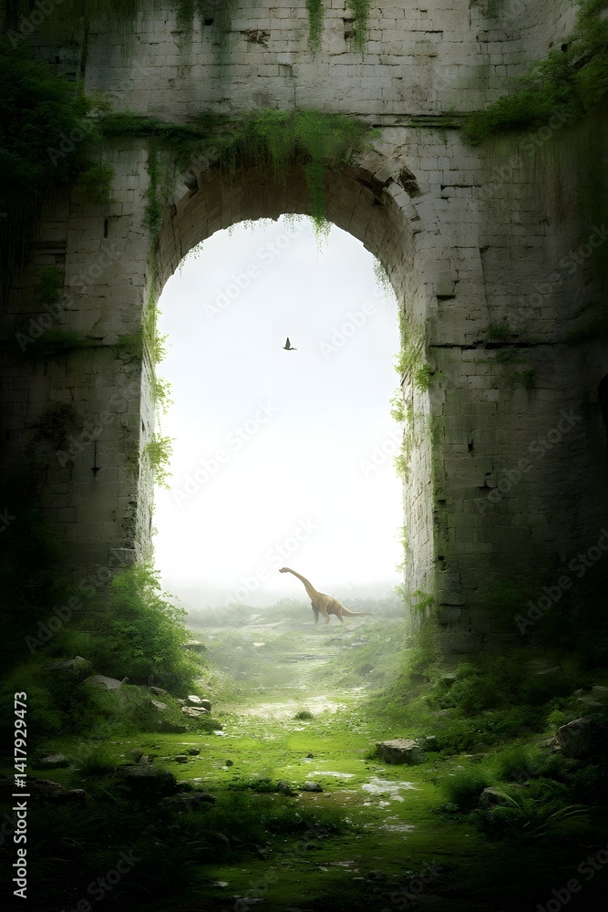 Poster a lone explorer stands in awe before an ancient overgrown archway leading to a hidden dinosaur sanct