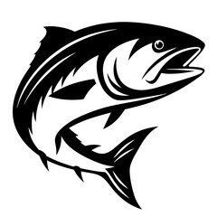 Bold black and white illustration of a leaping salmon fish design