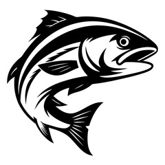 Monochrome image depicting a stylized trout leaping upwards in a dynamic pose