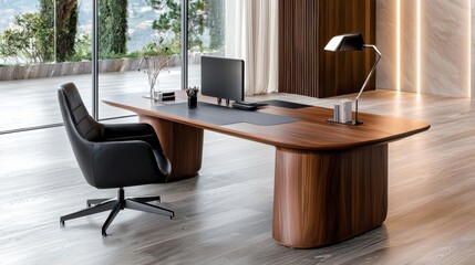 A minimalist and contemporary office desk featuring a sleek wooden surface with a smooth, digital-inspired texture and clean, organized workspace elements.