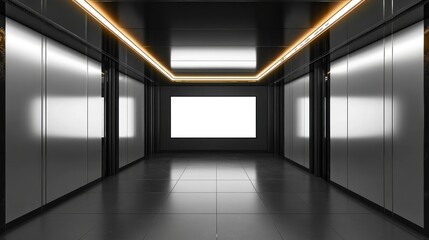 Modern, sleek elevator hallway with empty advertisement space.