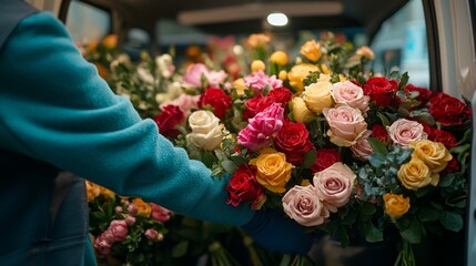 Van Filled with Freshly Cut Roses, Aromatic Roses, Flower Delivery Service