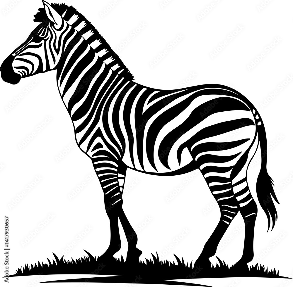 Fototapete Running zebra and stand zebra animal vector silhouette isolated white background Black silhouette of running zebra on white background of vector illustration