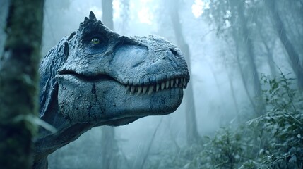 Obraz premium A majestic Tyrannosaurus Rex looms out of the misty verdant rainforest its powerful presence commanding attention and evoking a sense of primeval wonder