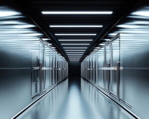 Compact stainless steel deepfreeze room with ultralow temperature settings, insulated vacuum panels, and a futuristic industrial look