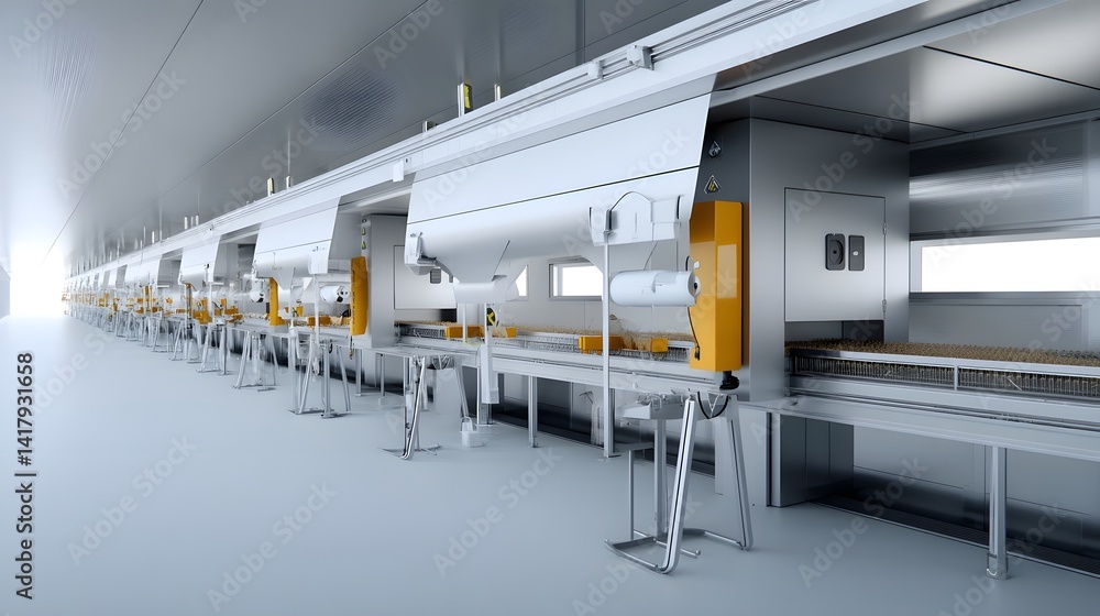 Poster a modern high capacity industrial production facility with automated conveyor belts robotic optimize