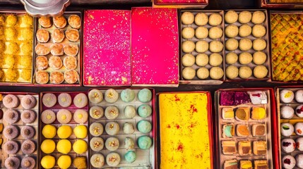 Colorful array of sweets, meticulously arranged in boxes, showcasing a tempting selection of culinary delights.