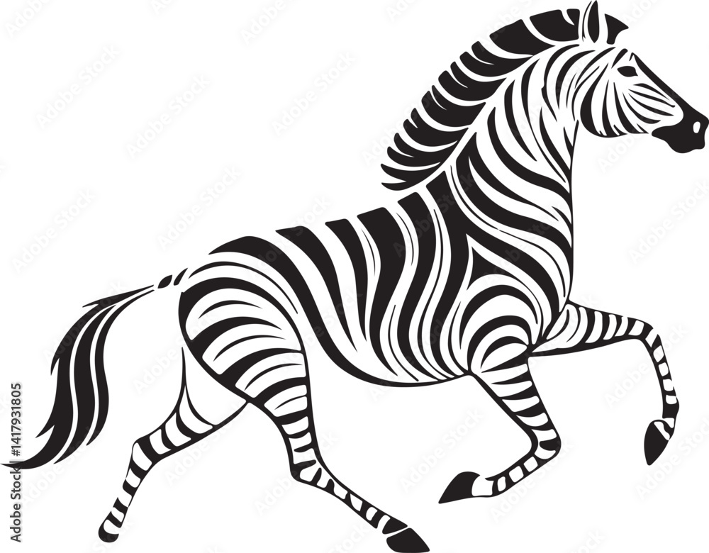 Fototapete Running zebra and stand zebra animal vector silhouette isolated white background Black silhouette of running zebra on white background of vector illustration
