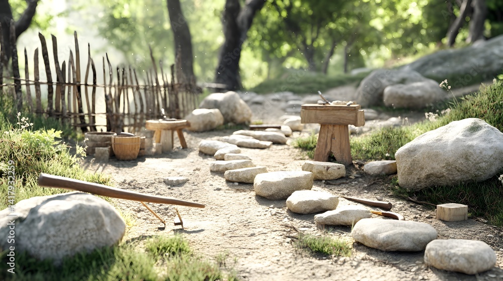 Poster a natural winding stone path leading through a serene and lush forest environment with weathered roc