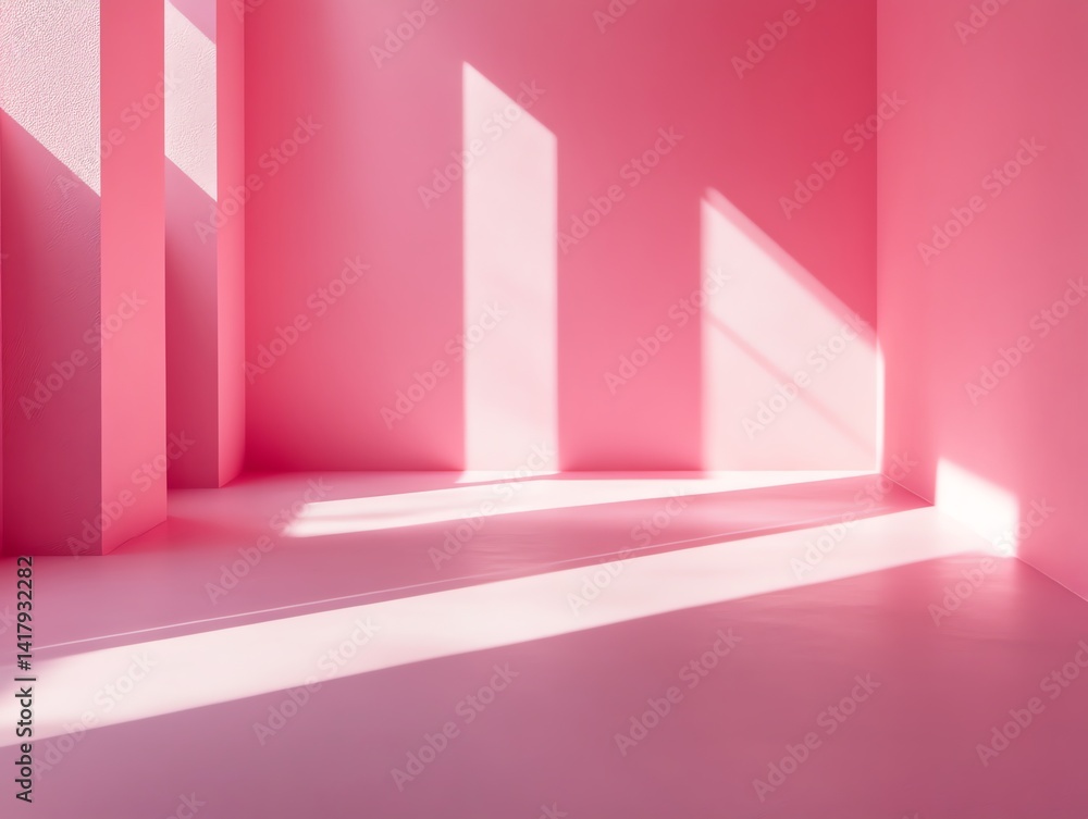 Poster soft pink room with sunlight creating shadows on walls and floor. creates a calming minimalist mood 